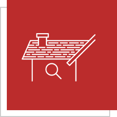 House with magnifying glass on red background.