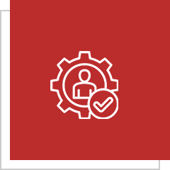 Person gear checkmark icon on red background.