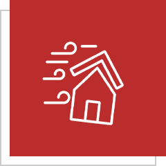 House icon with wind on red background.