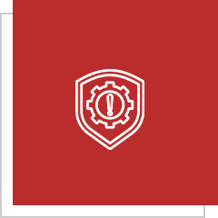 Shield with gear and exclamation mark.