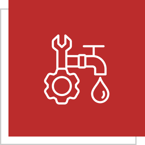 Wrench and faucet icon on red background.