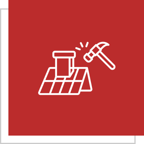 Chimney and hammer on red background icon.
