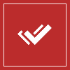 White checkmark icon on red background.