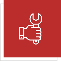 Hand holding wrench icon on red background.